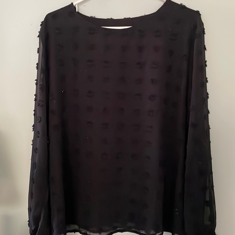 XL black floral top with sheer sleeves, brand new w/o tags